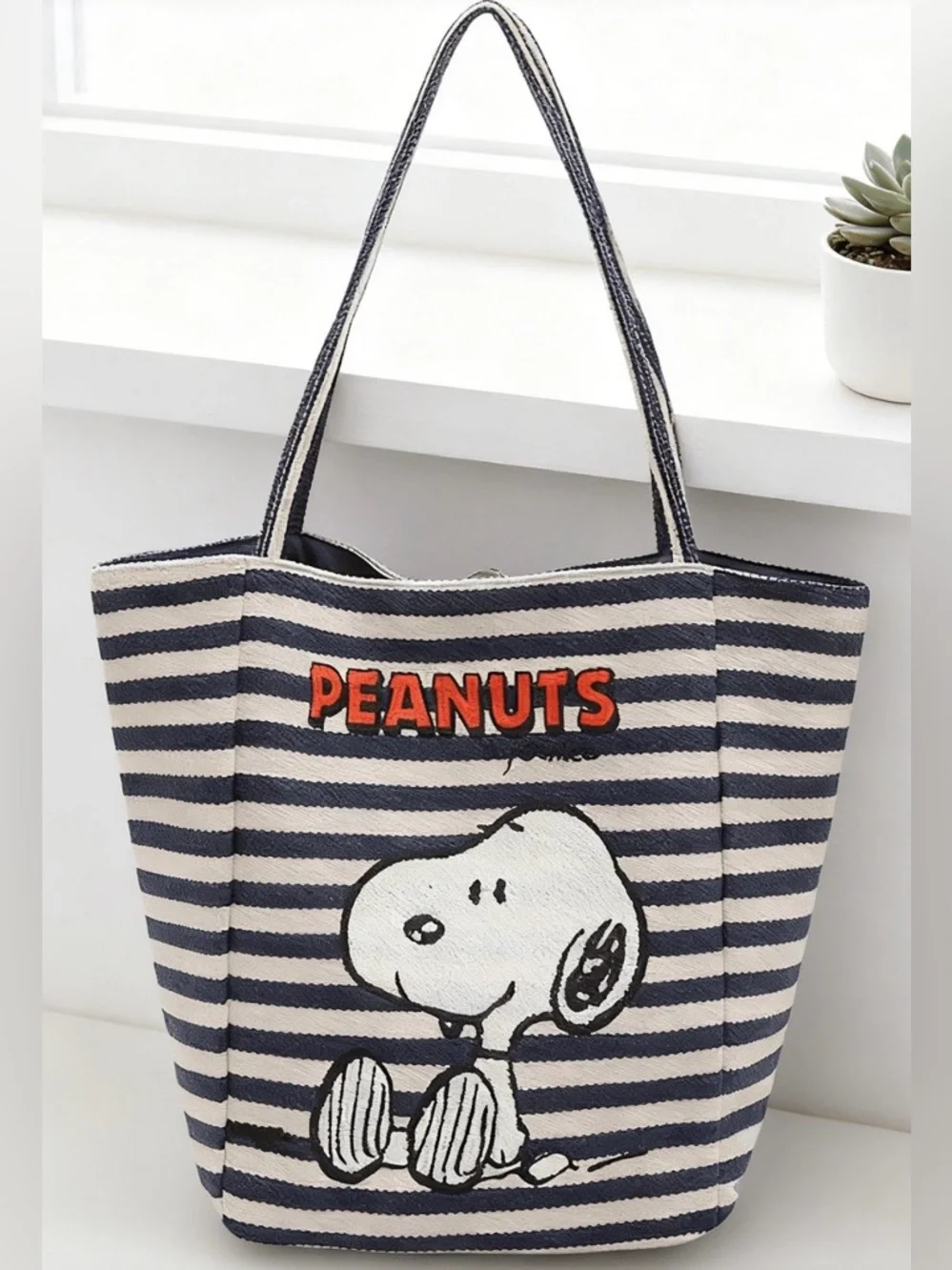 Peanuts Navy & White Striped Canvas Tote with Snoopy and Red Logo - Picture 6 of 10